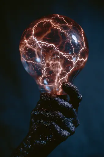 Midjourney generated image using SREF code Flarevox: A person holding a light bulb with a lightning bolt inside.