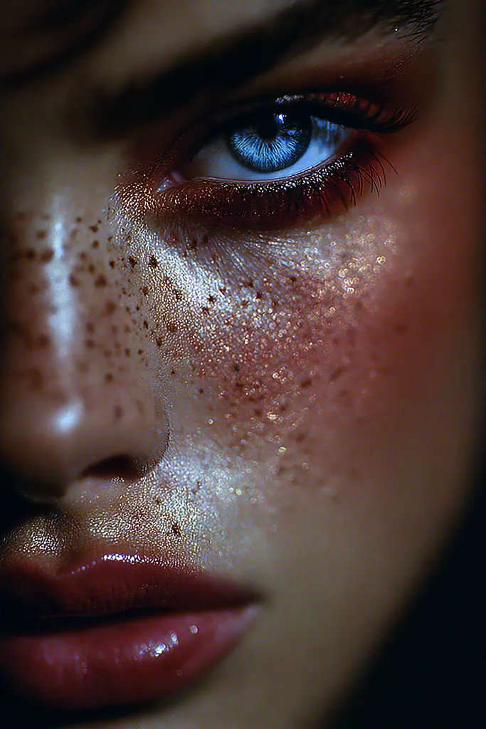 Midjourney generated image using SREF code Flarevox: A close up of a woman's face with freckles on her face.