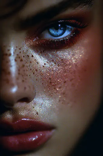 Midjourney generated image using SREF code Flarevox: A close up of a woman's face with freckles on her face.