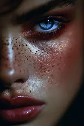 Midjourney generated image using SREF code Flarevox: A close up of a woman's face with freckles on her face.