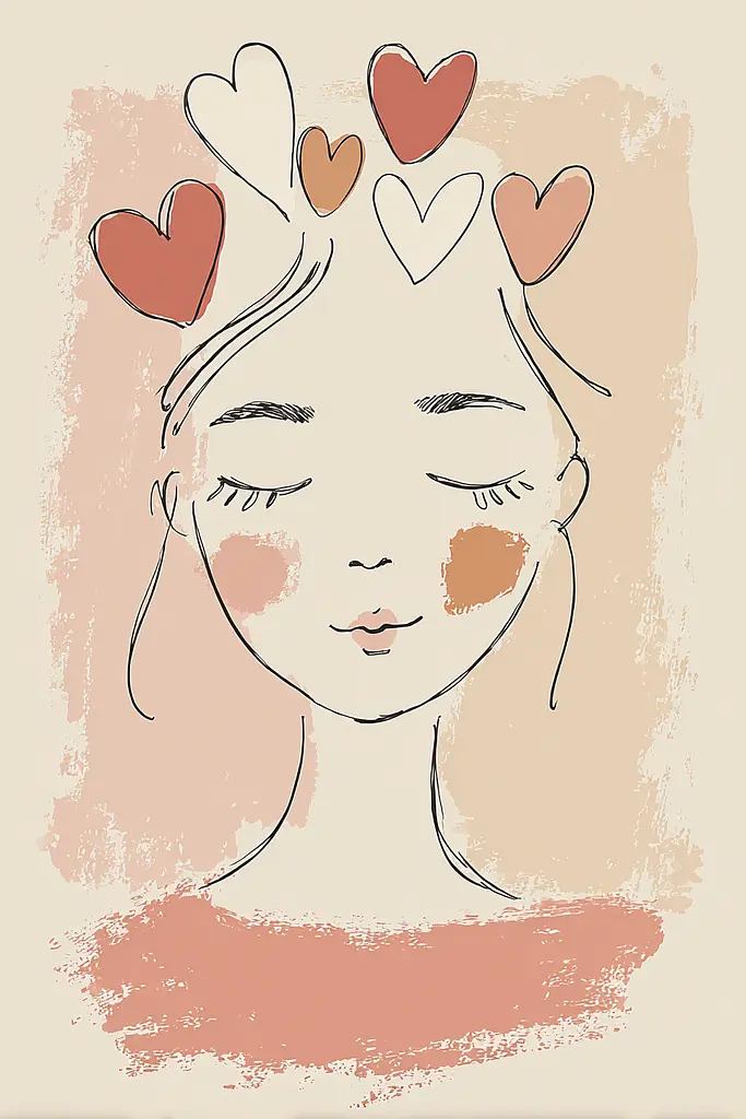 Midjourney generated image using SREF code Blushvine: A drawing of a woman with hearts on her head.
