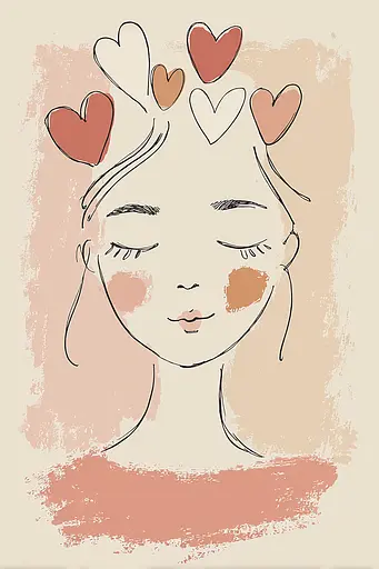 Midjourney generated image using SREF code Blushvine: A drawing of a woman with hearts on her head.