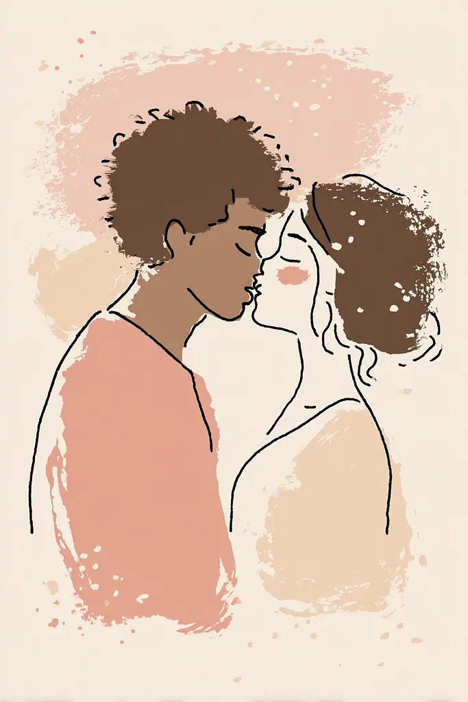 Midjourney generated image using SREF code Blushvine: A man and a woman are kissing in front of a pink background.