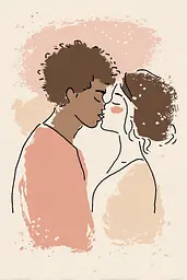 Midjourney generated image using SREF code Blushvine: A man and a woman are kissing in front of a pink background.