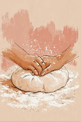 Midjourney generated image using SREF code Blushvine: A drawing of two hands kneading dough on a table.