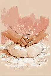 Midjourney generated image using SREF code Blushvine: A drawing of two hands kneading dough on a table.
