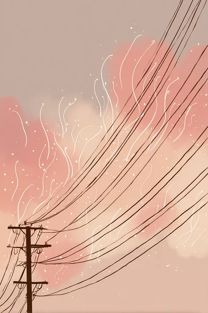 Midjourney generated image using SREF code Blushvine: A picture of a bunch of power lines in the sky.