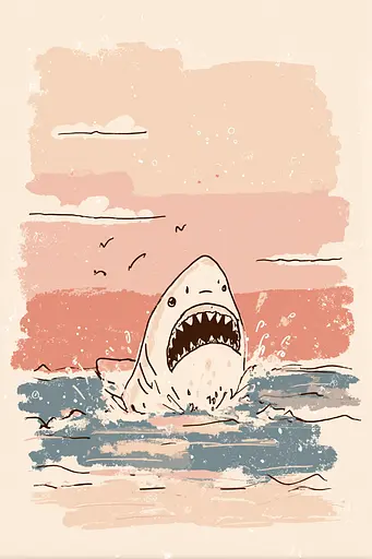 Midjourney generated image using SREF code Blushvine: A drawing of a shark in the ocean with its mouth open.