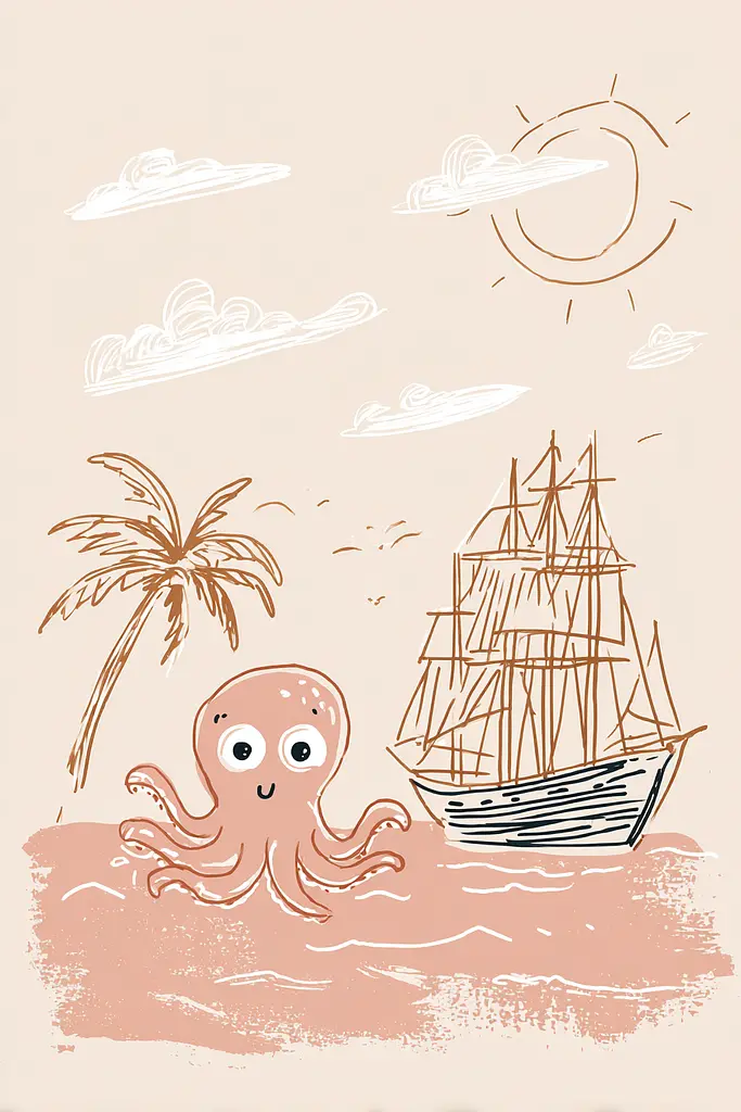 Midjourney generated image using SREF code Blushvine: An octopus is sitting on the beach next to a ship.