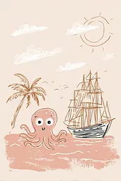 Midjourney generated image using SREF code Blushvine: An octopus is sitting on the beach next to a ship.