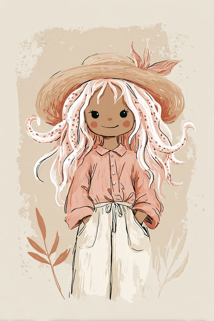 Midjourney generated image using SREF code Blushvine: A drawing of a girl wearing a straw hat.