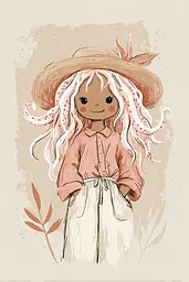 Midjourney generated image using SREF code Blushvine: A drawing of a girl wearing a straw hat.