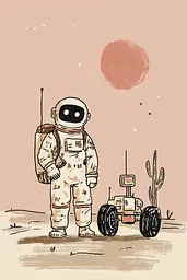 Midjourney generated image using SREF code Blushvine: A drawing of an astronaut standing next to a rover.