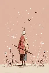Midjourney generated image using SREF code Blushvine: A man standing in a field of dandelions with a stick.