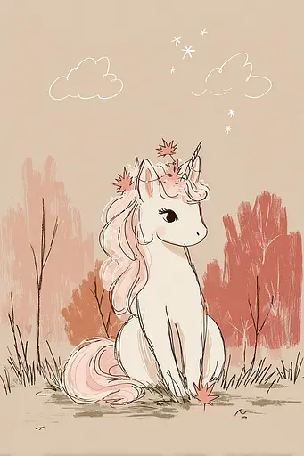 Midjourney generated image using SREF code Blushvine: A drawing of a unicorn sitting in the grass.