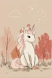 Midjourney generated image using SREF code Blushvine: A drawing of a unicorn sitting in the grass.