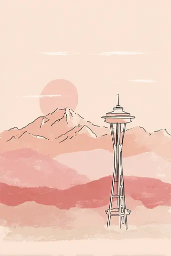 Midjourney generated image using SREF code Blushvine: A drawing of the Space Needle in front of a mountain range.