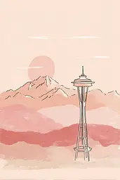 Midjourney generated image using SREF code Blushvine: A drawing of the Space Needle in front of a mountain range.