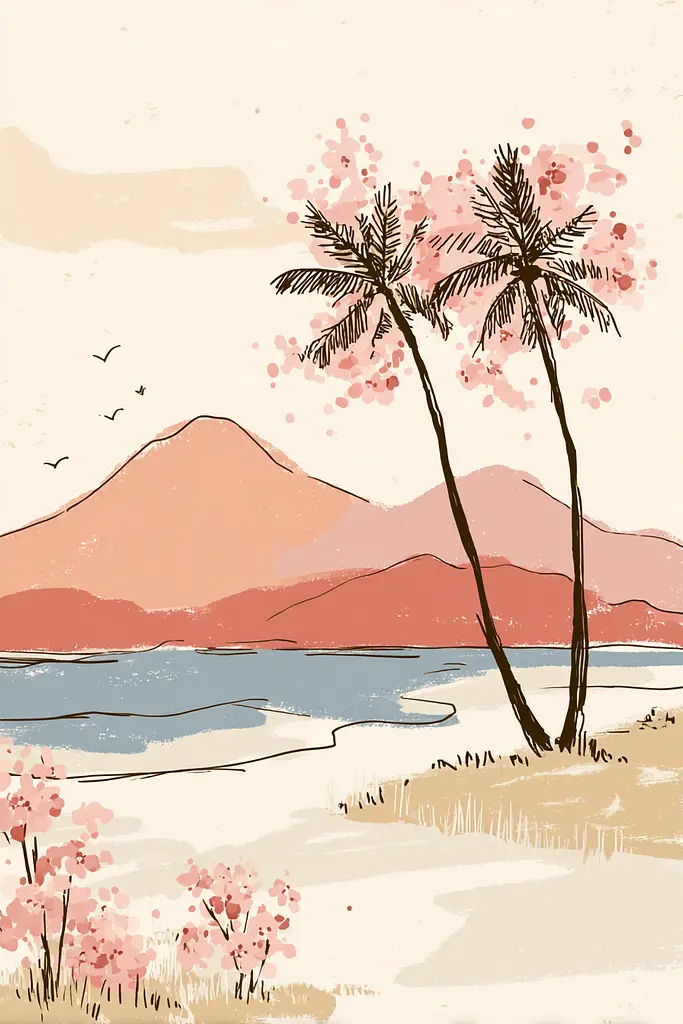 Midjourney generated image using SREF code Blushvine: A drawing of two palm trees on a beach with a mountain in the background.