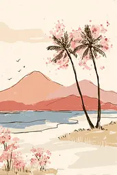 Midjourney generated image using SREF code Blushvine: A drawing of two palm trees on a beach with a mountain in the background.