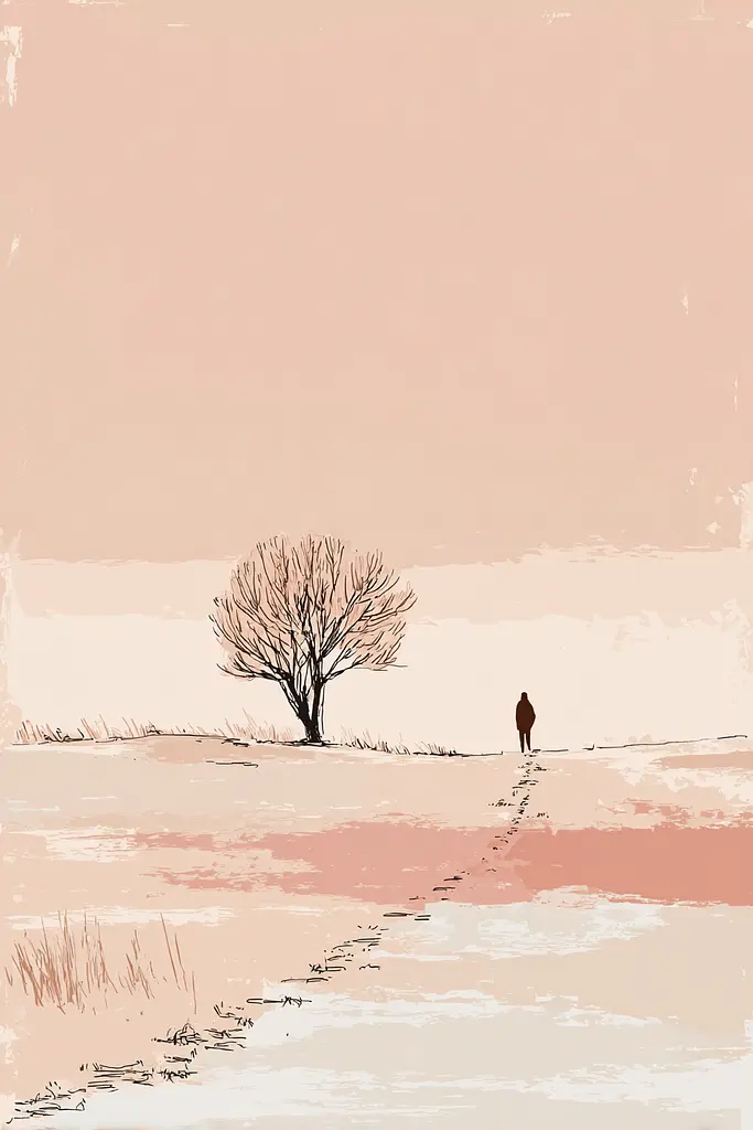 Midjourney generated image using SREF code Blushvine: A person walking down a dirt road next to a tree.