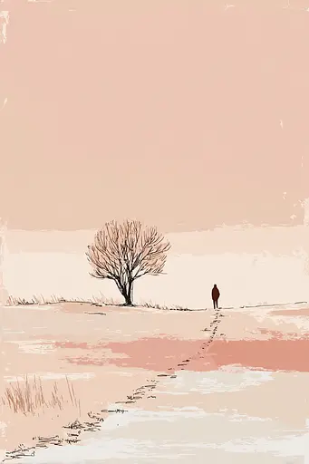 Midjourney generated image using SREF code Blushvine: A person walking down a dirt road next to a tree.