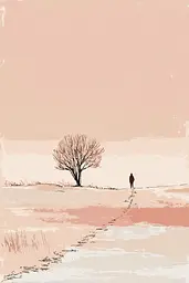 Midjourney generated image using SREF code Blushvine: A person walking down a dirt road next to a tree.