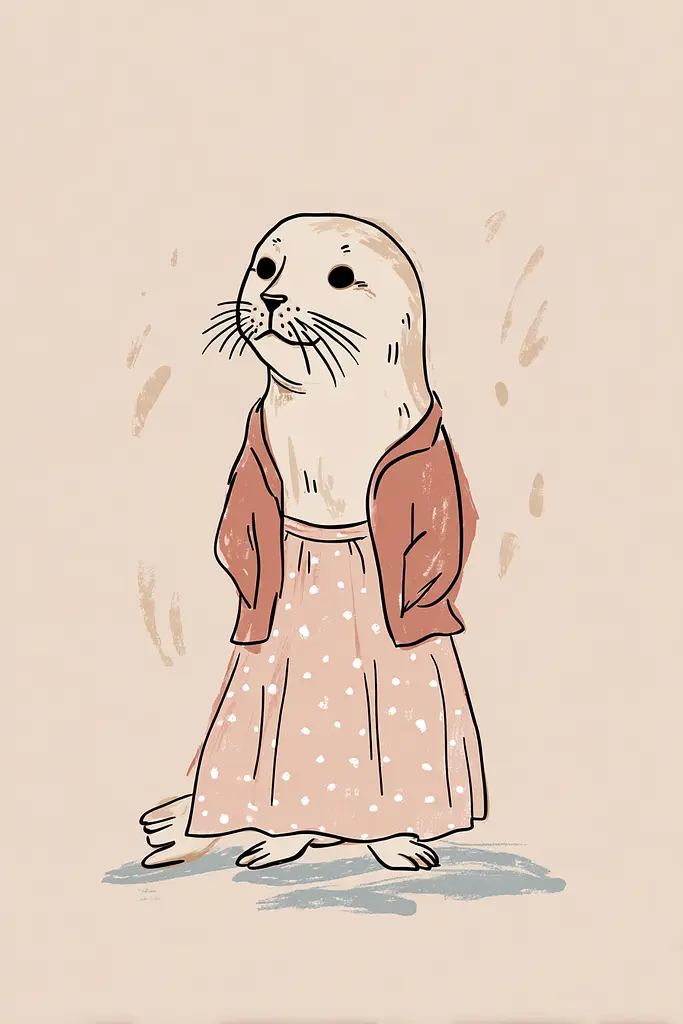 Midjourney generated image using SREF code Blushvine: A drawing of a seal wearing a dress and jacket.