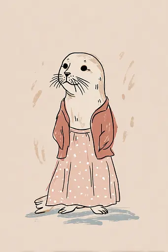 Midjourney generated image using SREF code Blushvine: A drawing of a seal wearing a dress and jacket.