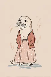 Midjourney generated image using SREF code Blushvine: A drawing of a seal wearing a dress and jacket.