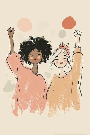 Midjourney generated image using SREF code Blushvine: Two women with their arms up in the air.