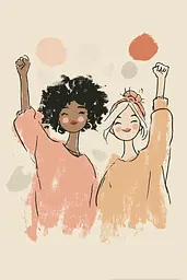 Midjourney generated image using SREF code Blushvine: Two women with their arms up in the air.
