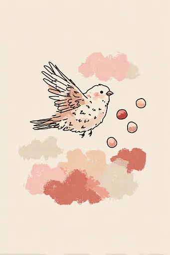 Midjourney generated image using SREF code Blushvine: A drawing of a bird flying through the air with bubbles.
