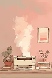 Midjourney generated image using SREF code Blushvine: A printer sitting on top of a desk next to a plant.