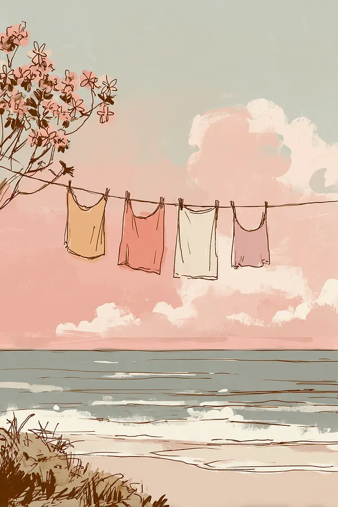 Midjourney generated image using SREF code Blushvine: A drawing of clothes hanging out to dry on a clothes line on the beach.