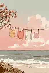 Midjourney generated image using SREF code Blushvine: A drawing of clothes hanging out to dry on a clothes line on the beach.