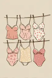 Midjourney generated image using SREF code Blushvine: A line of bathing suits hanging on a clothes line.