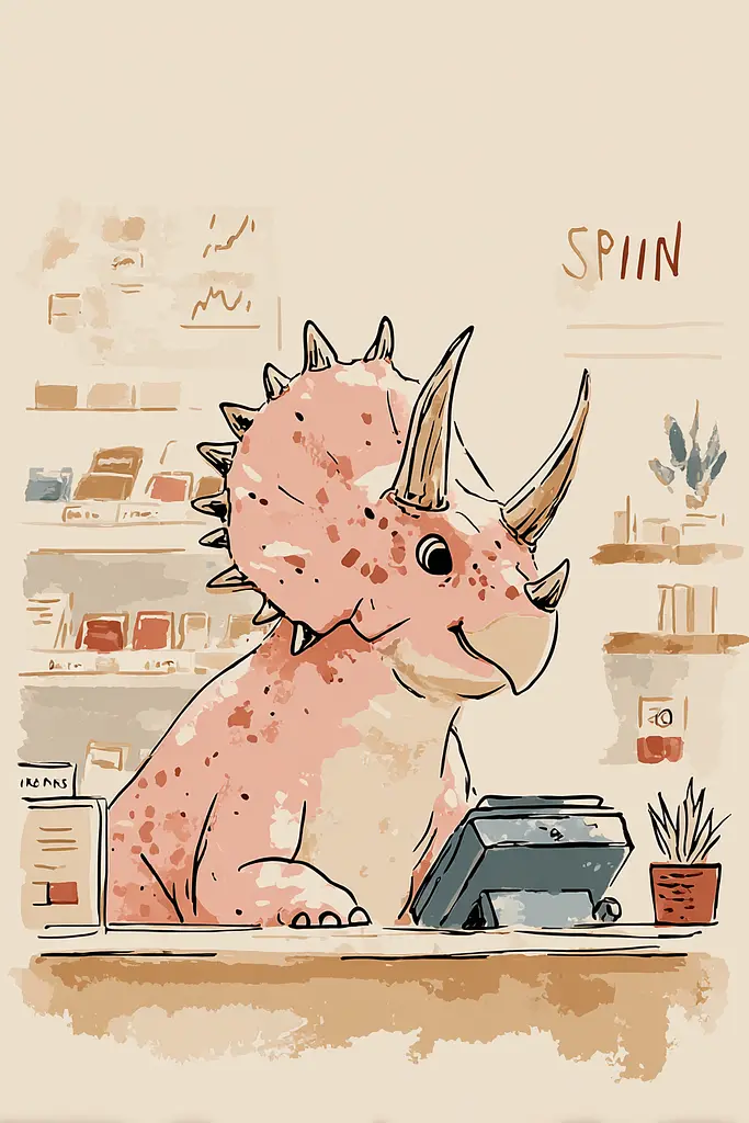 Midjourney generated image using SREF code Blushvine: A drawing of a pink triceratops sitting at a desk.