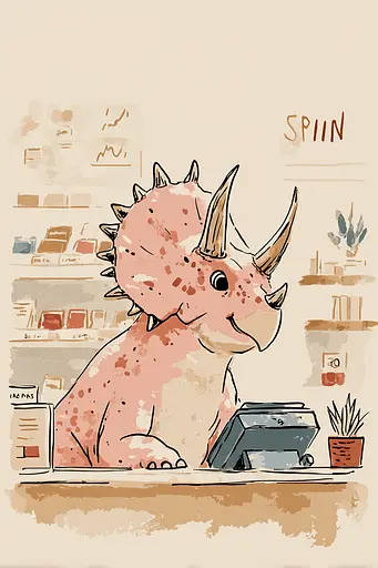 Midjourney generated image using SREF code Blushvine: A drawing of a pink triceratops sitting at a desk.