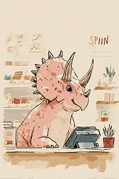 Midjourney generated image using SREF code Blushvine: A drawing of a pink triceratops sitting at a desk.
