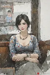 Midjourney generated image using SREF code Wobblebristle: A painting of a woman sitting on a bench.