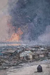 Midjourney generated image using SREF code Wobblebristle: A painting of a man sitting on the ground in front of a fire.