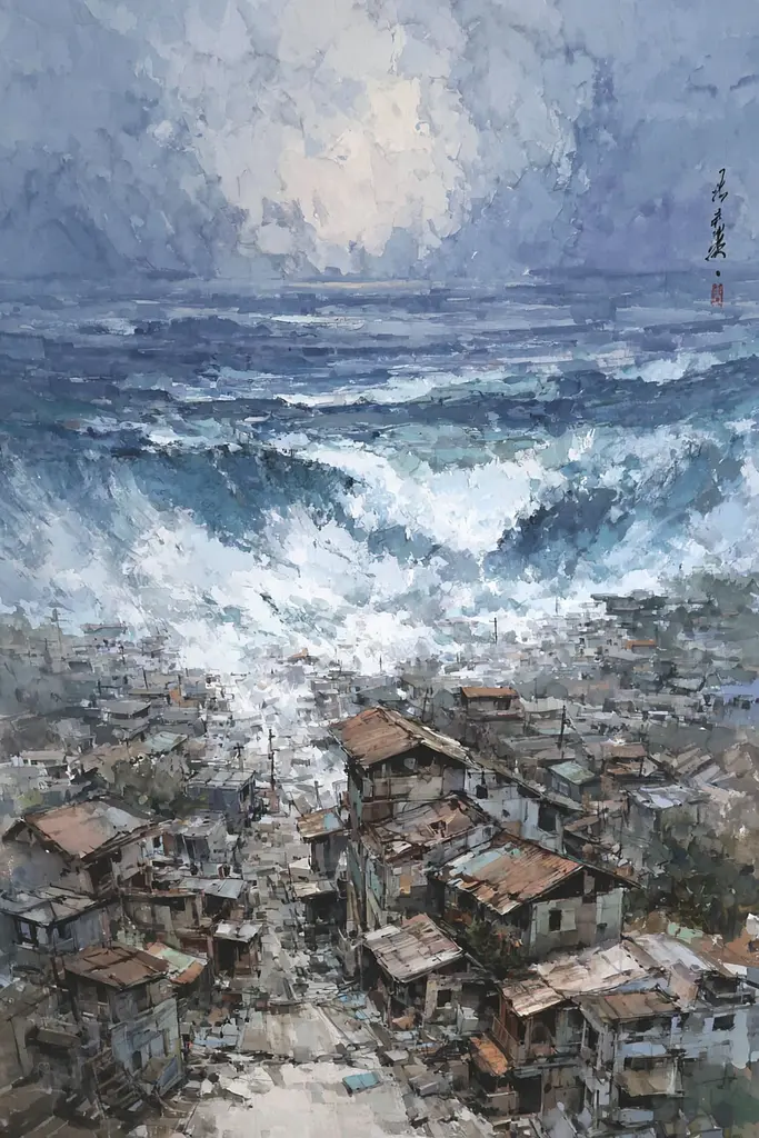 Midjourney generated image using SREF code Wobblebristle: A painting of a view of a city by the ocean.