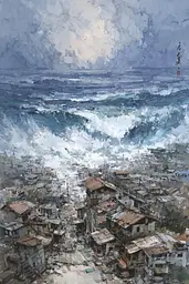 Midjourney generated image using SREF code Wobblebristle: A painting of a view of a city by the ocean.