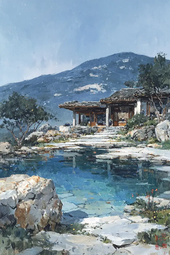 Midjourney generated image using SREF code Wobblebristle: A painting of a house by a pool in the mountains.