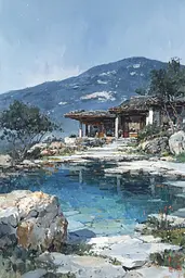 Midjourney generated image using SREF code Wobblebristle: A painting of a house by a pool in the mountains.