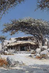 Midjourney generated image using SREF code Wobblebristle: A painting of a building with a thatched roof in the desert.