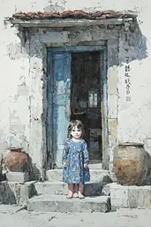 Midjourney generated image using SREF code Wobblebristle: A painting of a little girl standing in front of a door.