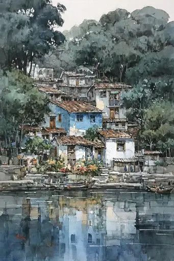 Midjourney generated image using SREF code Wobblebristle: A painting of a small town by the water.