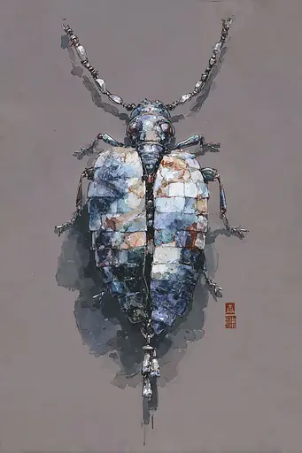 Midjourney generated image using SREF code Wobblebristle: A painting of a beetle on a gray background.